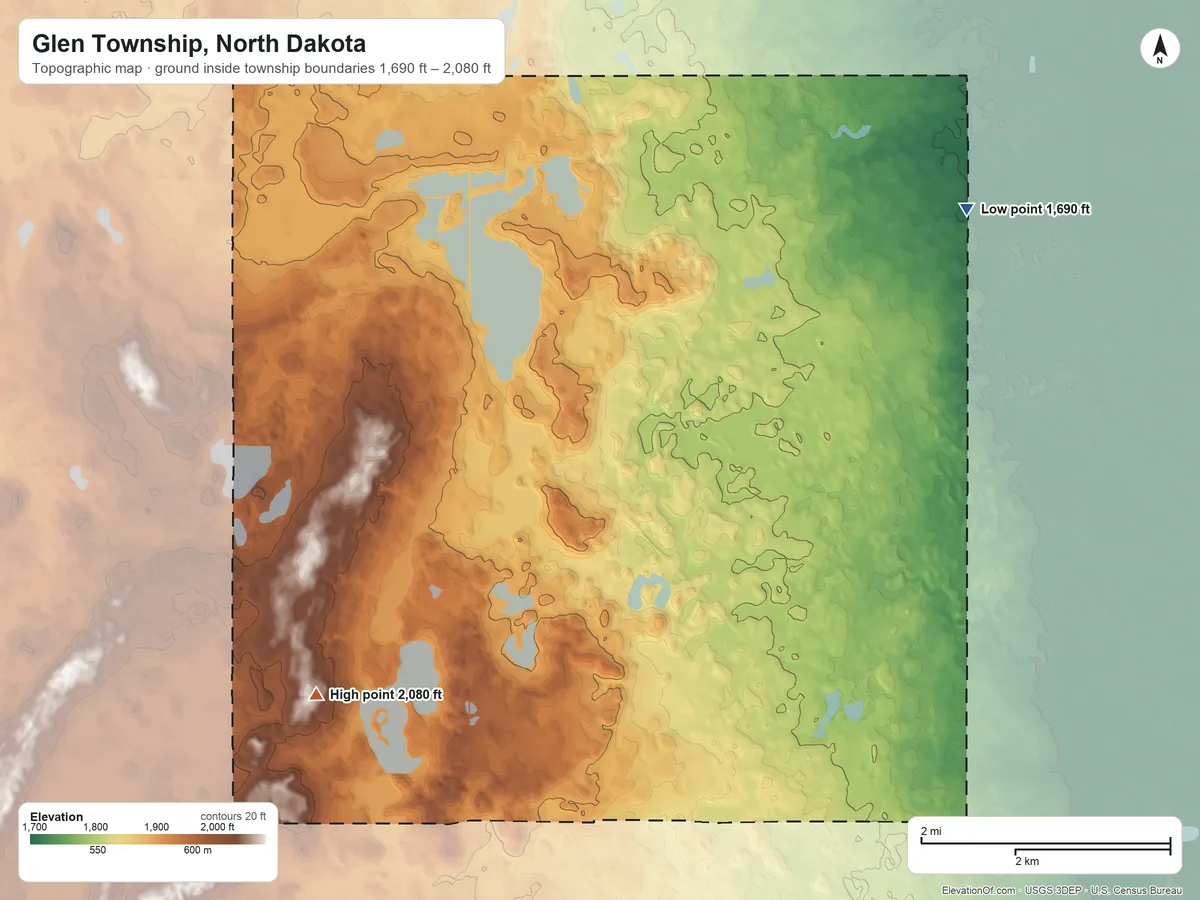Topographic elevation map of Glen Township, North Dakota, shaded from 1,690 ft on the east side to 2,080 ft on the south side