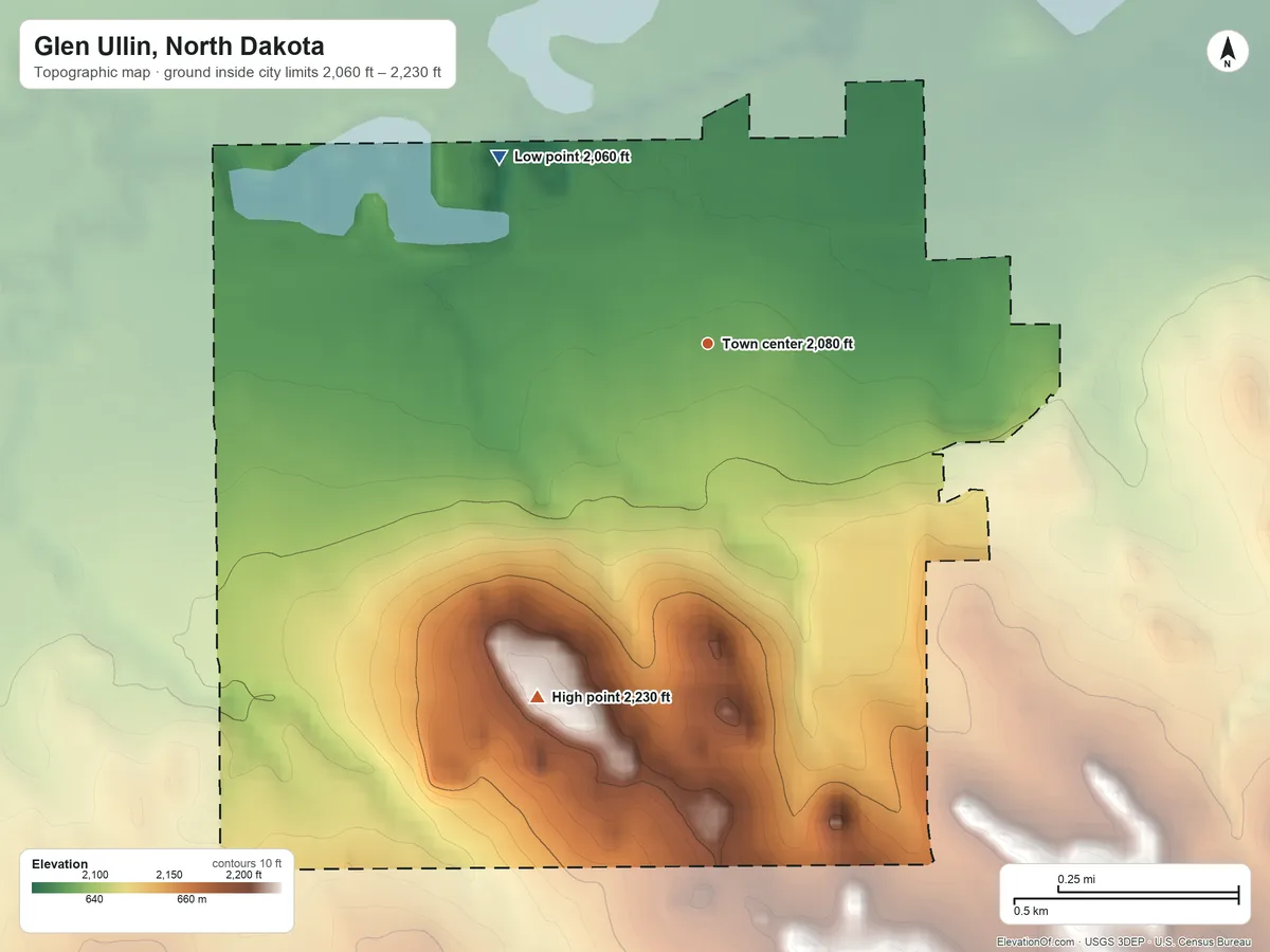 Topographic elevation map of Glen Ullin, North Dakota, shaded from 2,060 ft on the northwest side to 2,230 ft on the southwest side