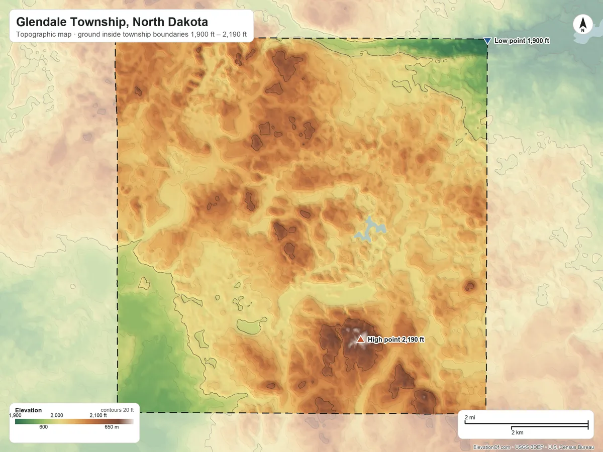 Topographic elevation map of Glendale Township, North Dakota, shaded from 1,900 ft on the northeast side to 2,190 ft on the south side