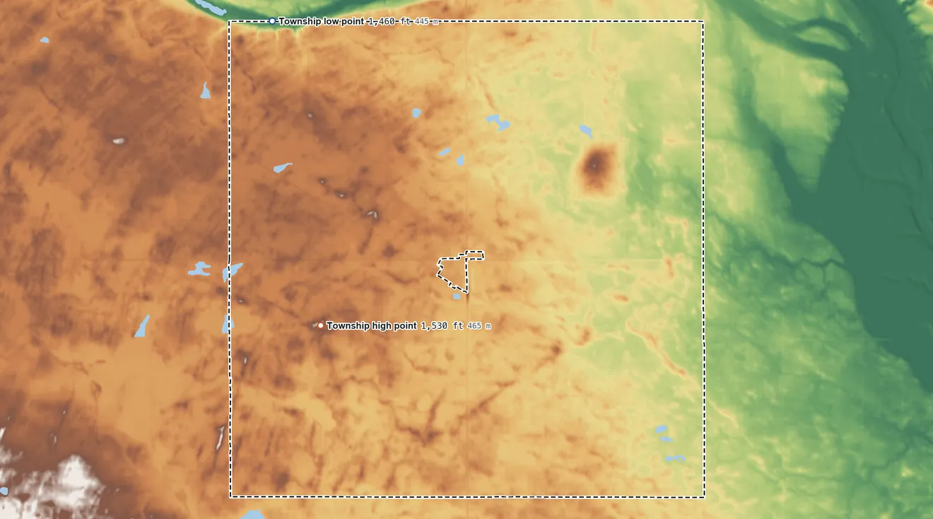 Topographic elevation map of Glenfield Township, North Dakota, shaded from 1,460 ft on the northwest side to 1,530 ft on the southwest side