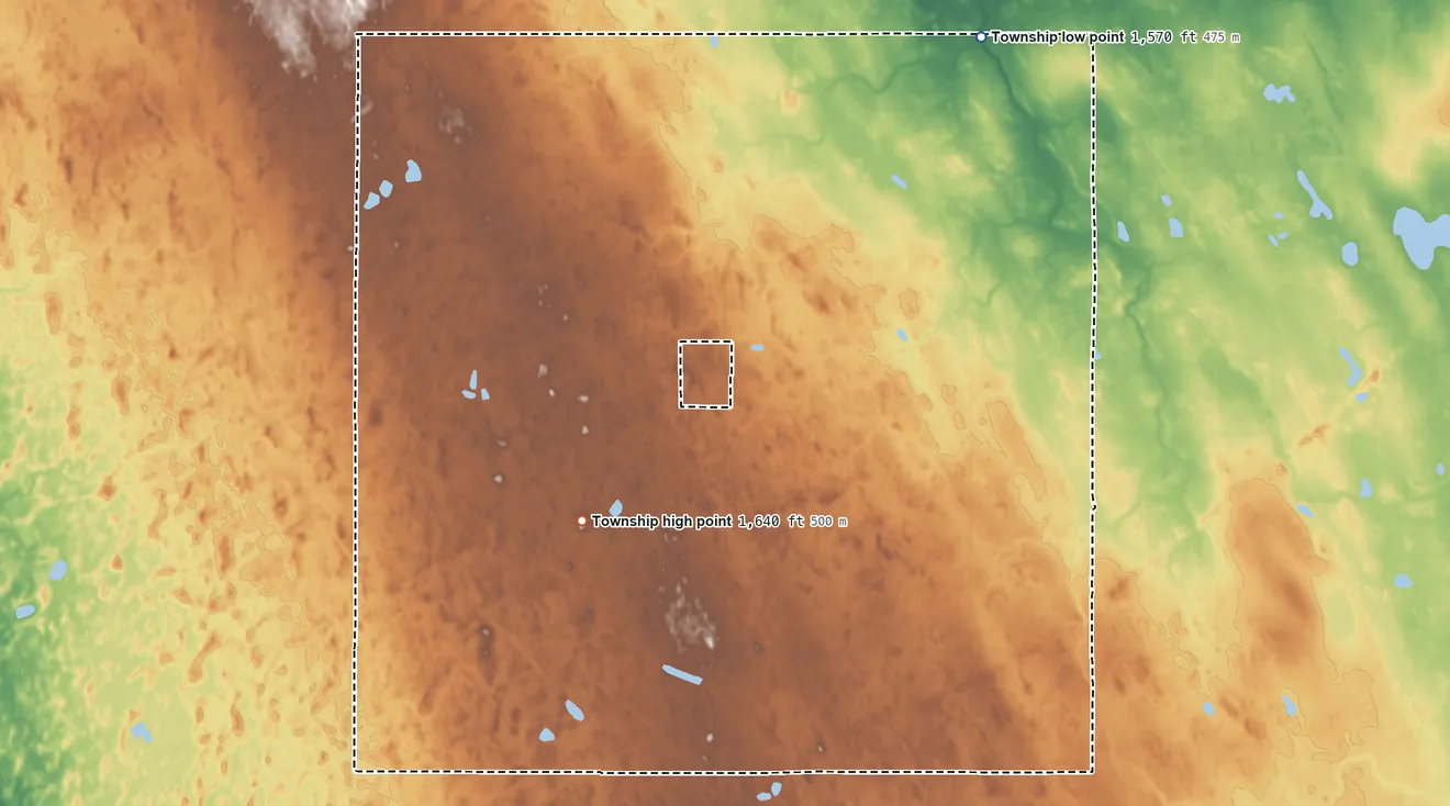 Topographic elevation map of Glenila Township, North Dakota, shaded from 1,570 ft on the north side to 1,640 ft on the west side