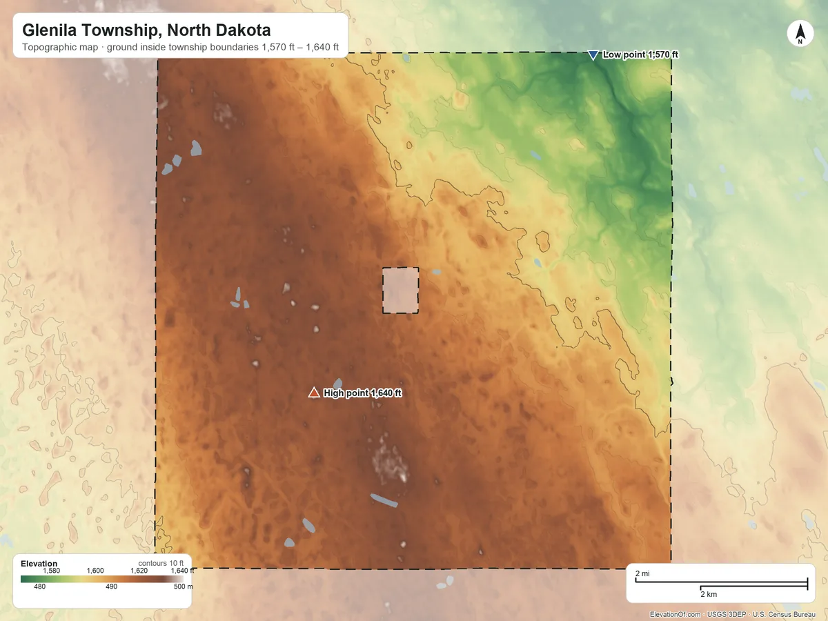 Topographic elevation map of Glenila Township, North Dakota, shaded from 1,570 ft on the north side to 1,640 ft on the west side