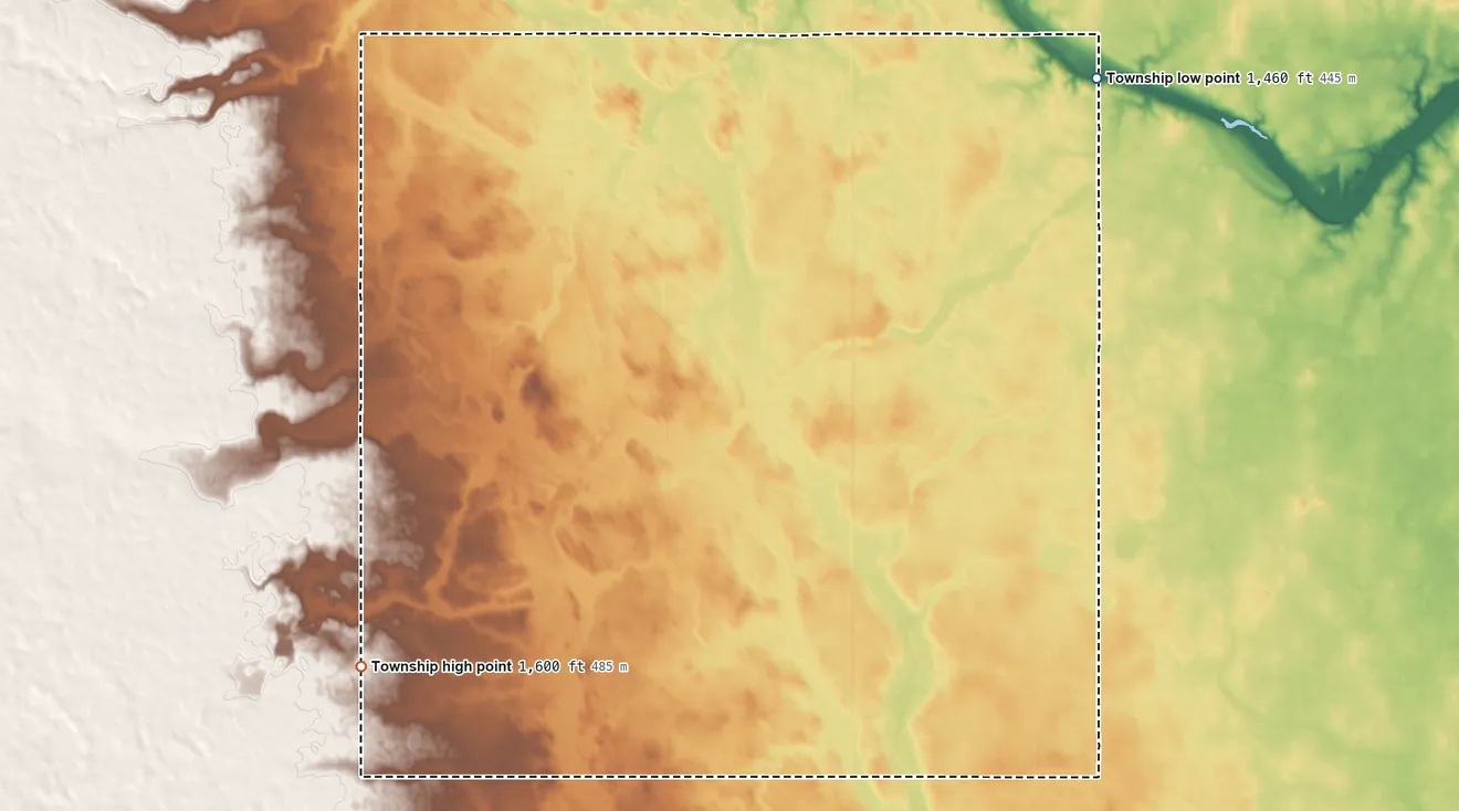 Topographic elevation map of Glenmore Township, North Dakota, shaded from 1,460 ft on the northeast side to 1,600 ft on the southwest side