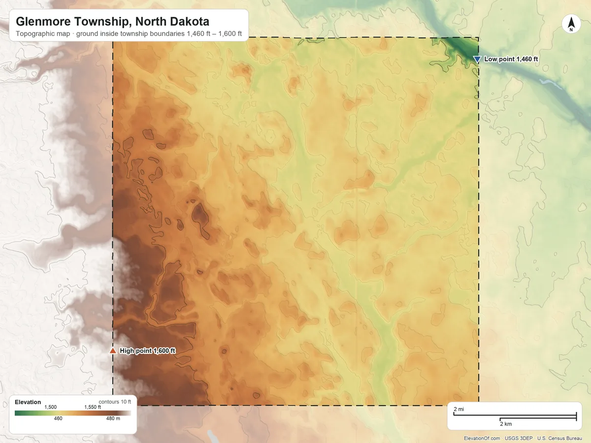 Topographic elevation map of Glenmore Township, North Dakota, shaded from 1,460 ft on the northeast side to 1,600 ft on the southwest side