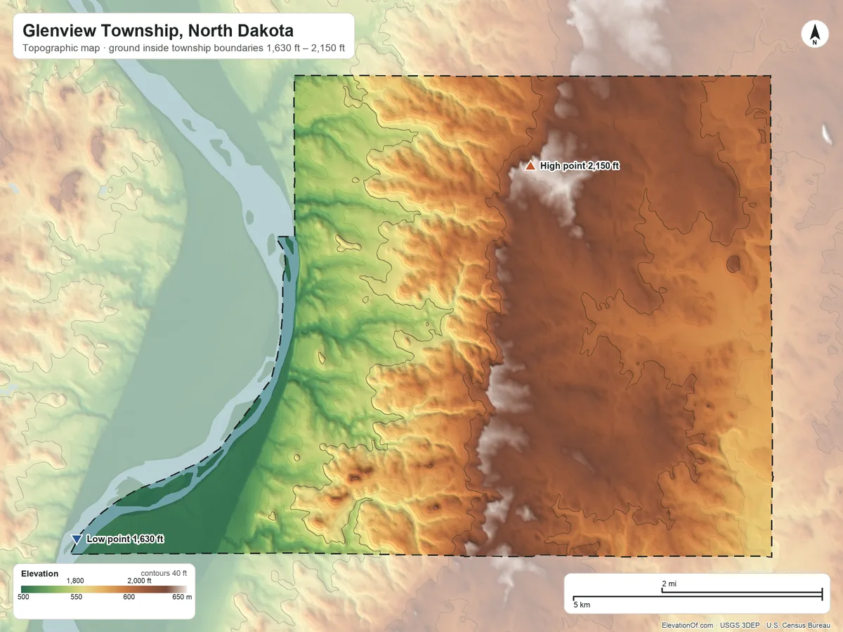 Topographic elevation map of Glenview Township, North Dakota, shaded from 1,630 ft on the west side to 2,150 ft on the north side