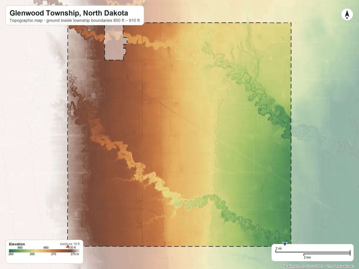 Topographic elevation map of Glenwood Township, North Dakota, shaded from 850 ft on the southeast side to 910 ft on the southwest side