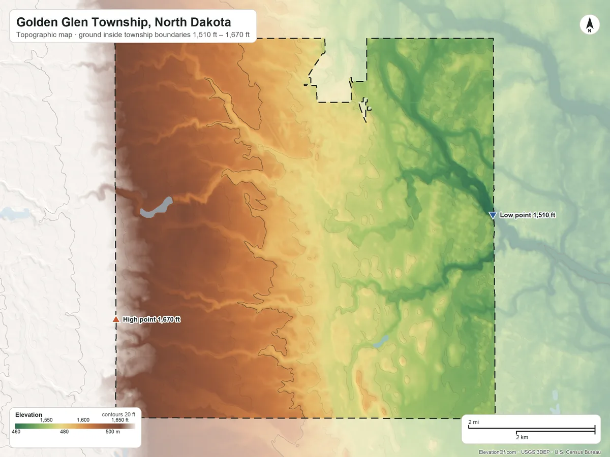 Topographic elevation map of Golden Glen Township, North Dakota, shaded from 1,510 ft on the northeast side to 1,670 ft on the west side