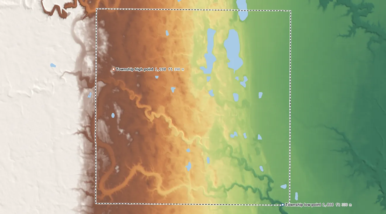 Topographic elevation map of Golden Lake Township, North Dakota, shaded from 1,080 ft on the southeast side to 1,280 ft on the northwest side