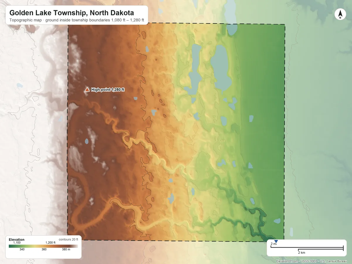 Topographic elevation map of Golden Lake Township, North Dakota, shaded from 1,080 ft on the southeast side to 1,280 ft on the northwest side
