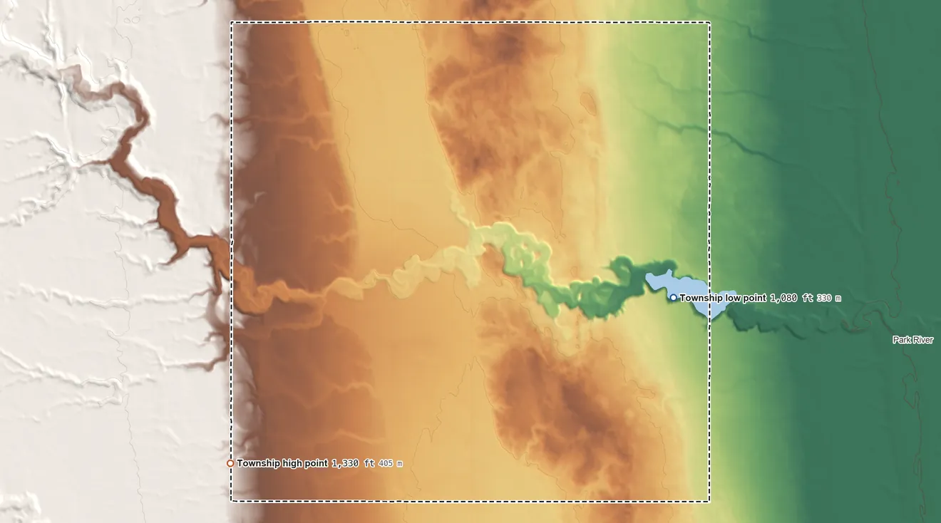 Topographic elevation map of Golden Township, North Dakota, shaded from 1,080 ft on the east side to 1,330 ft on the southwest side
