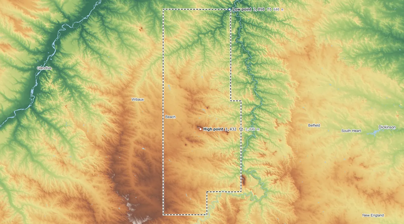Topographic elevation map of Golden Valley County, North Dakota, shaded from 2,090 ft on the north side to 3,432 ft on Sentinel Butte