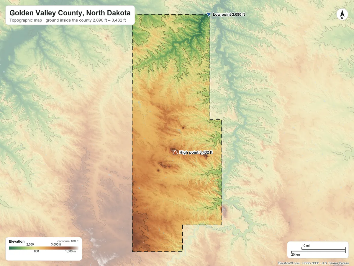 Topographic elevation map of Golden Valley County, North Dakota, shaded from 2,090 ft on the north side to 3,432 ft on Sentinel Butte