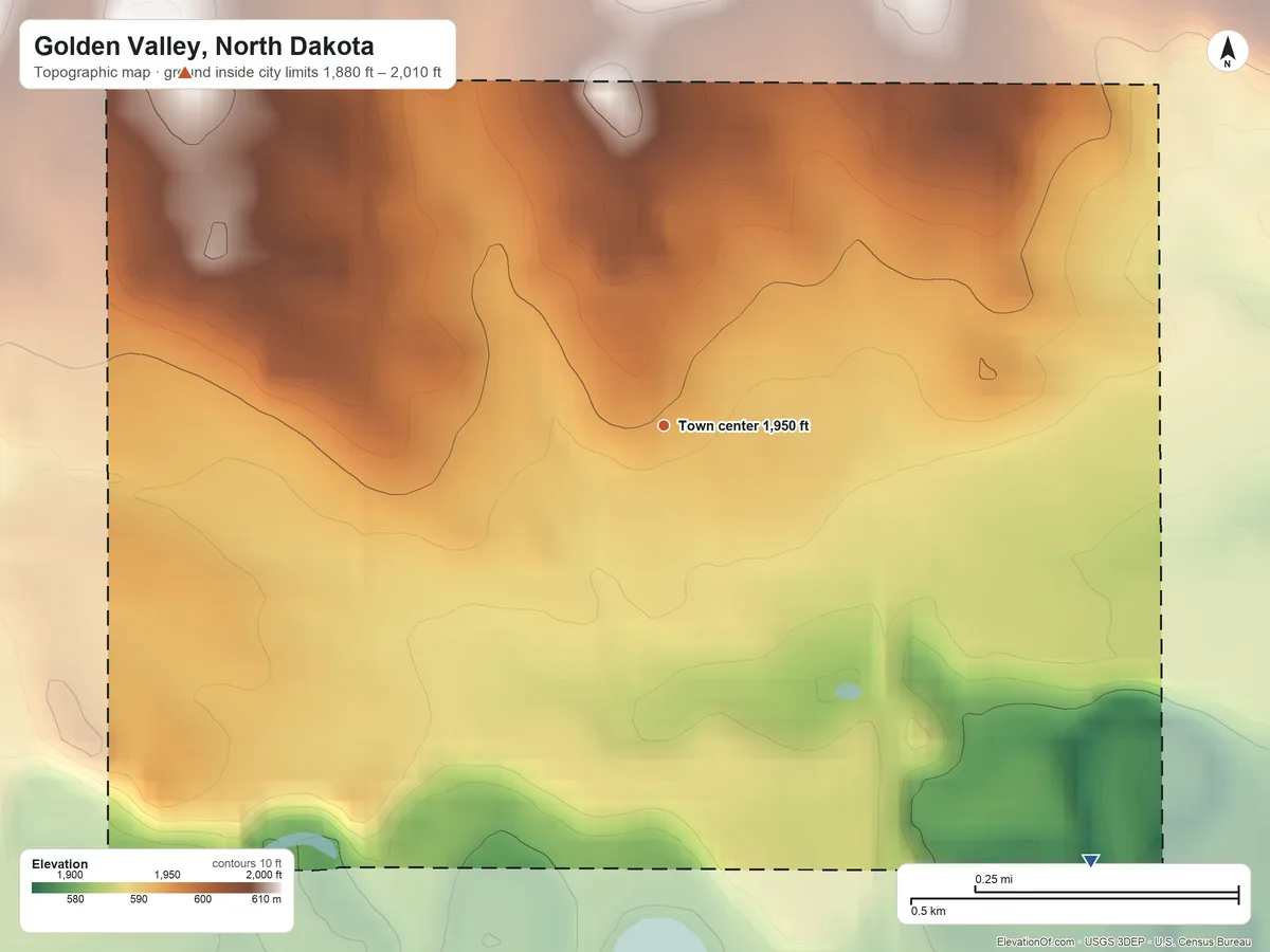 Topographic elevation map of Golden Valley, North Dakota, shaded from 1,880 ft on the southeast side to 2,010 ft on the northwest side