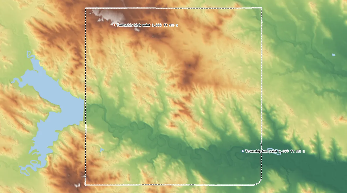 Topographic elevation map of Goldfield Township, North Dakota, shaded from 2,670 ft on the southeast side to 3,000 ft on the northwest side