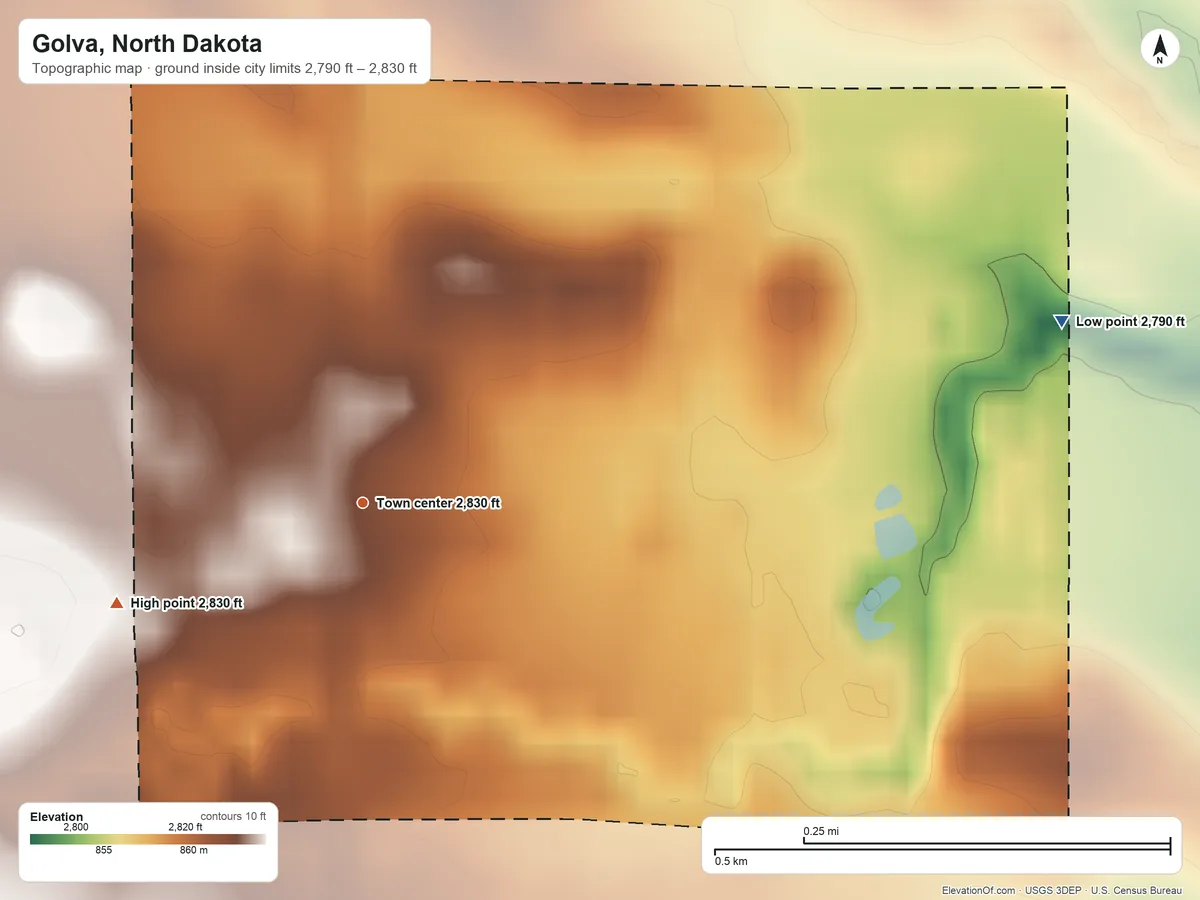 Topographic elevation map of Golva, North Dakota, shaded from 2,790 ft on the east side to 2,830 ft on the west side