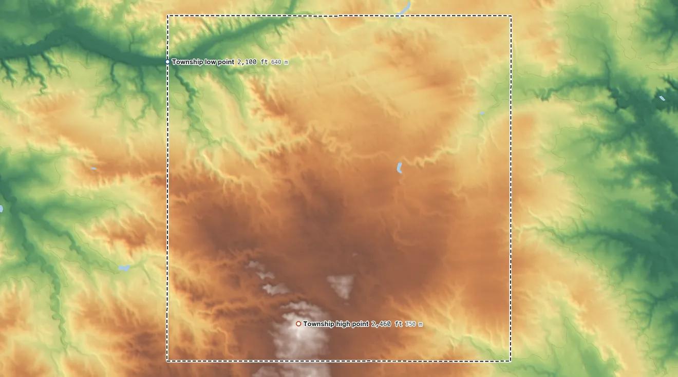 Topographic elevation map of Good Luck Township, North Dakota, shaded from 2,100 ft on the northwest side to 2,460 ft on the south side
