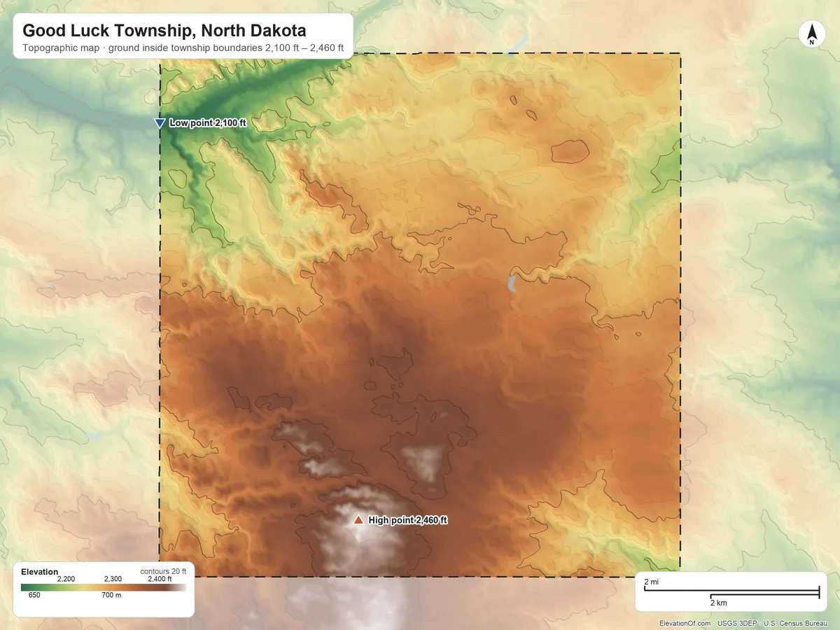 Topographic elevation map of Good Luck Township, North Dakota, shaded from 2,100 ft on the northwest side to 2,460 ft on the south side