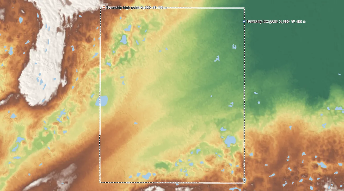 Topographic elevation map of Gooseneck Township, North Dakota, shaded from 2,080 ft on the northeast side to 2,320 ft on the north side