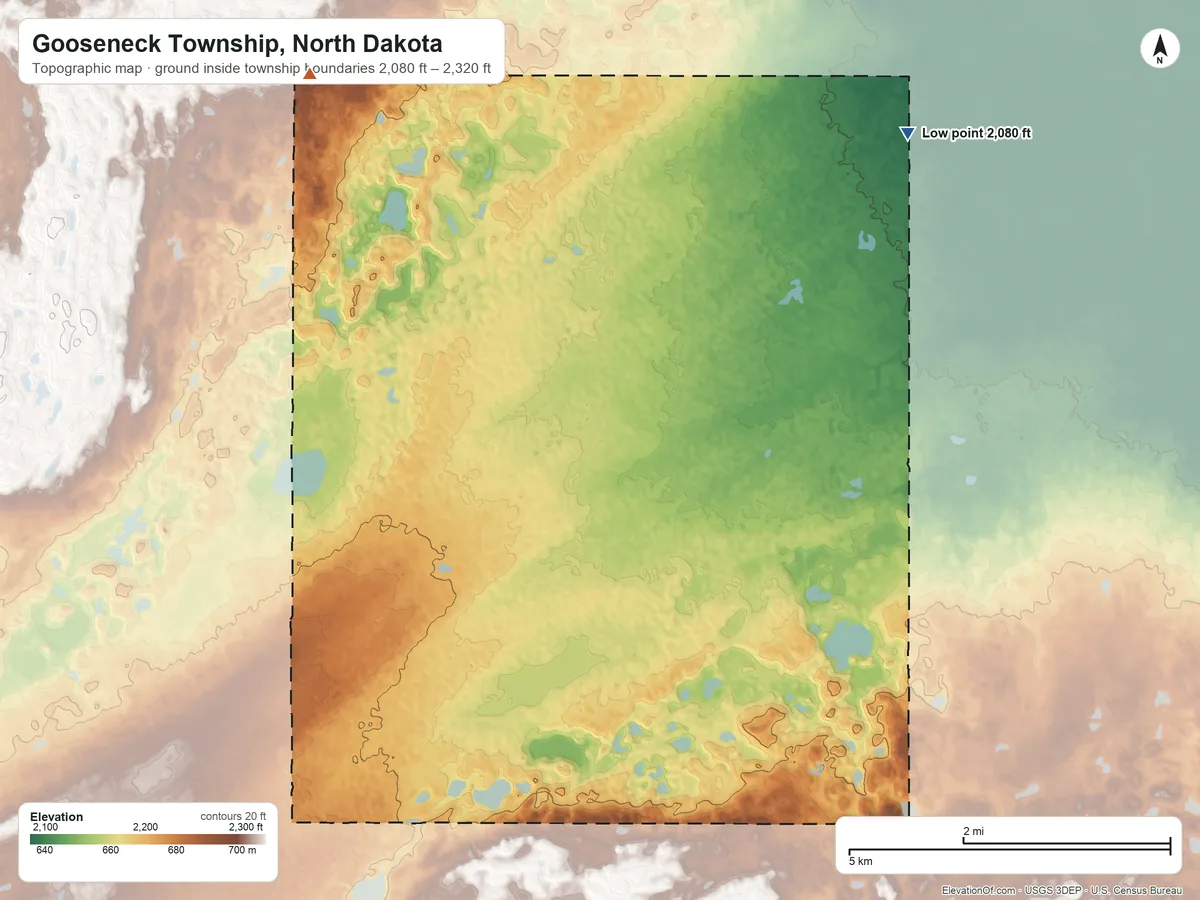 Topographic elevation map of Gooseneck Township, North Dakota, shaded from 2,080 ft on the northeast side to 2,320 ft on the north side