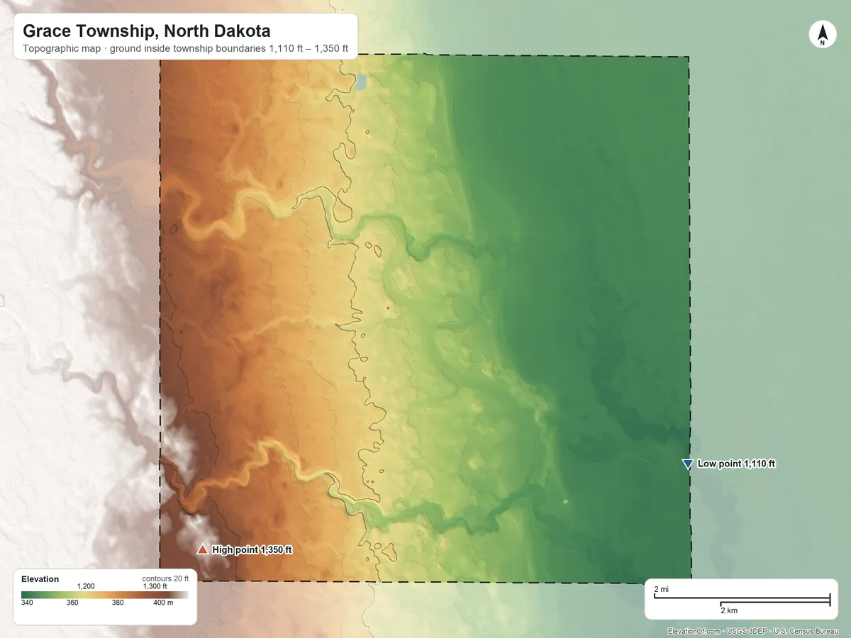 Topographic elevation map of Grace Township, North Dakota, shaded from 1,110 ft on the southeast side to 1,350 ft on the southwest side