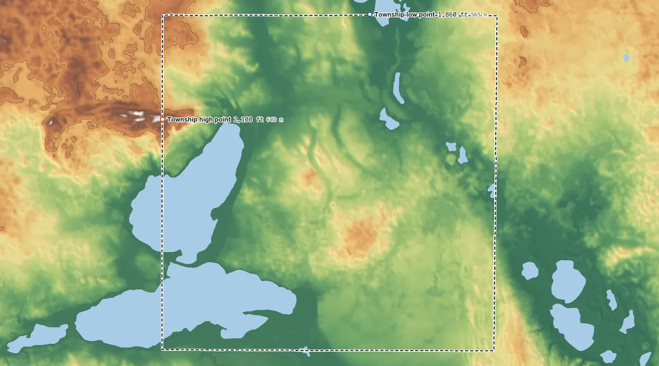 Topographic elevation map of Graf Township, North Dakota, shaded from 1,860 ft on the north side to 2,100 ft on the west side