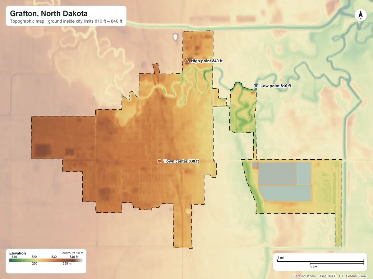 Topographic elevation map of Grafton, North Dakota, shaded from 810 ft on the northeast side to 840 ft on the north side