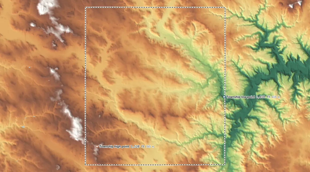 Topographic elevation map of Grail Township, North Dakota, shaded from 2,010 ft on the southeast side to 2,520 ft on the southwest side
