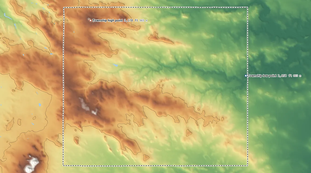 Topographic elevation map of Grainbelt Township, North Dakota, shaded from 2,850 ft on the east side to 3,170 ft on the northwest side