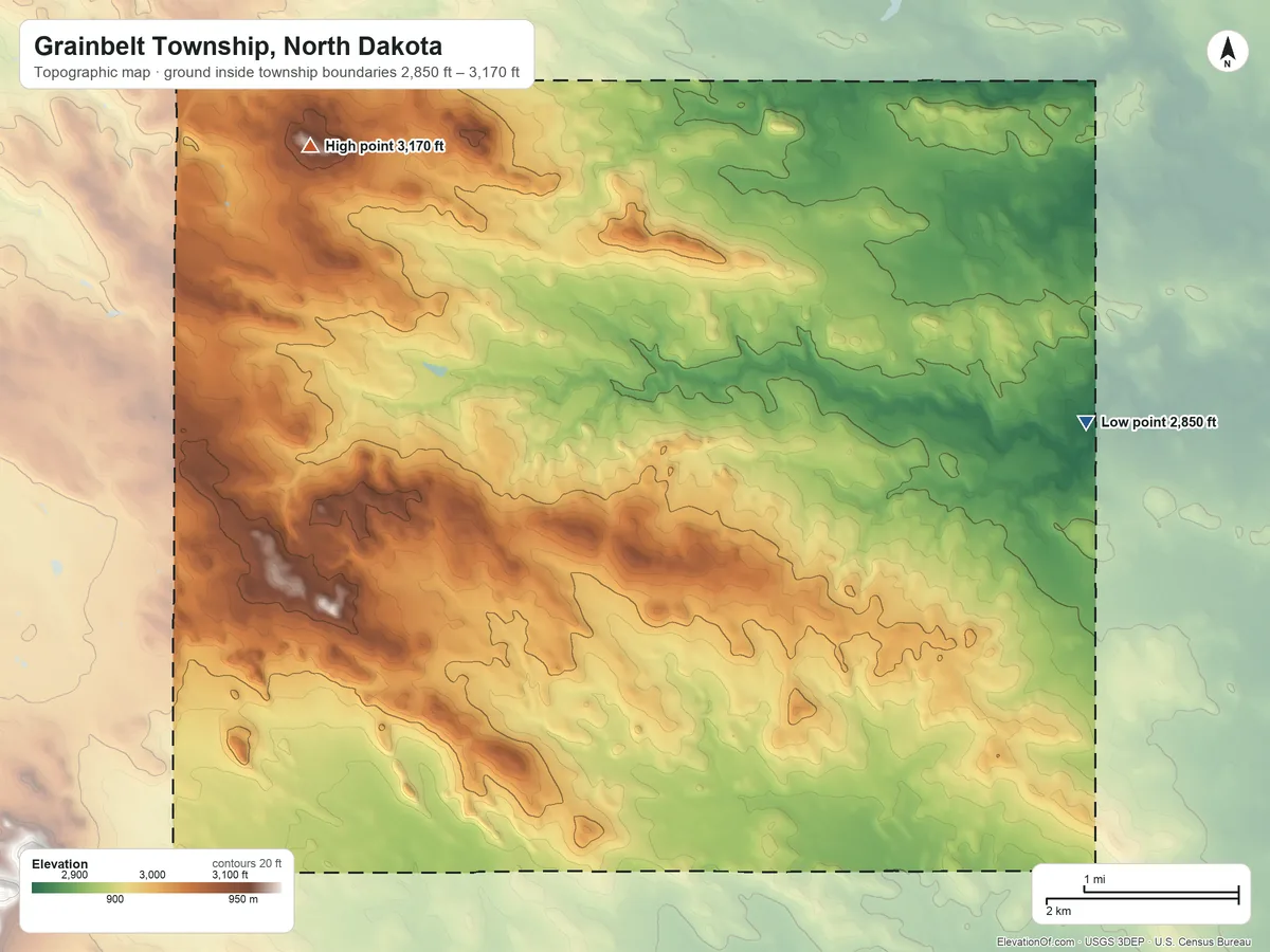 Topographic elevation map of Grainbelt Township, North Dakota, shaded from 2,850 ft on the east side to 3,170 ft on the northwest side