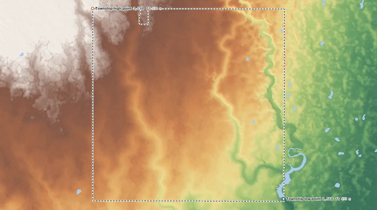 Topographic elevation map of Grainfield Township, North Dakota, shaded from 1,560 ft on the southeast side to 1,740 ft on the northwest side