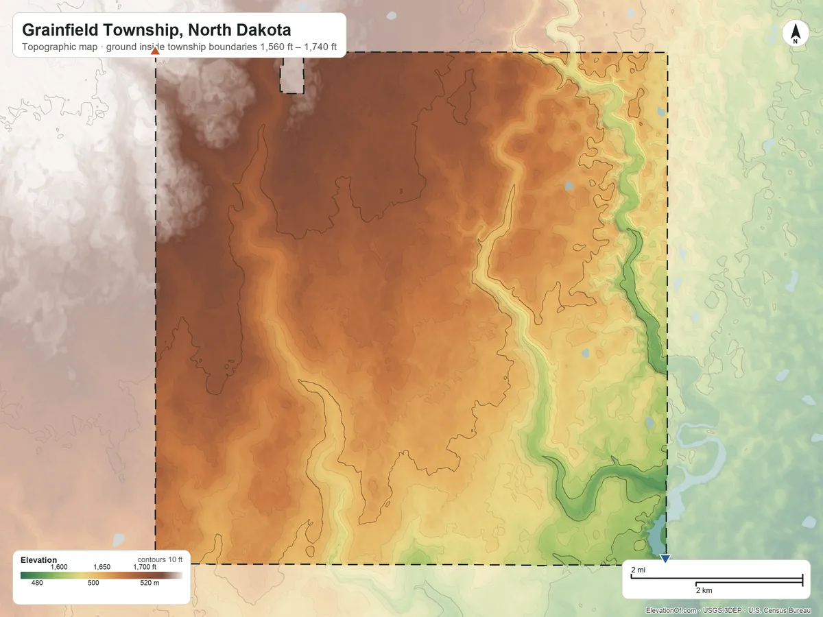 Topographic elevation map of Grainfield Township, North Dakota, shaded from 1,560 ft on the southeast side to 1,740 ft on the northwest side
