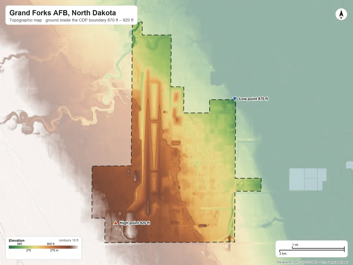 Topographic elevation map of Grand Forks AFB, North Dakota, shaded from 870 ft on the north side to 920 ft on the southwest side