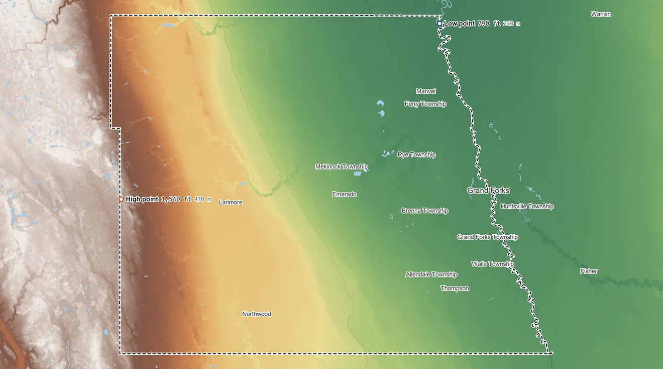 Topographic elevation map of Grand Forks County, North Dakota, shaded from 790 ft on the northeast side to 1,540 ft on the west side