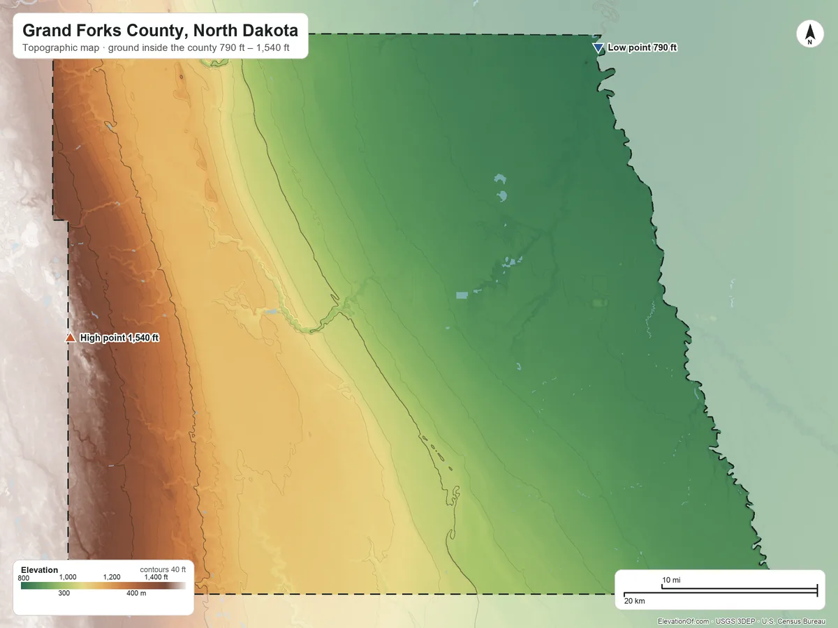 Topographic elevation map of Grand Forks County, North Dakota, shaded from 790 ft on the northeast side to 1,540 ft on the west side