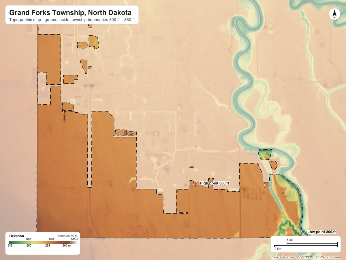Topographic elevation map of Grand Forks Township, North Dakota, shaded from 800 ft on the east side to 860 ft on the northwest side