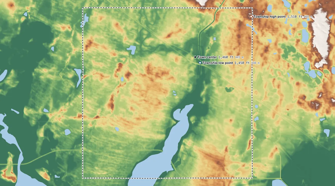 Topographic elevation map of Grand Harbor Township, North Dakota, shaded from 1,450 ft near the middle to 1,510 ft on the northeast side