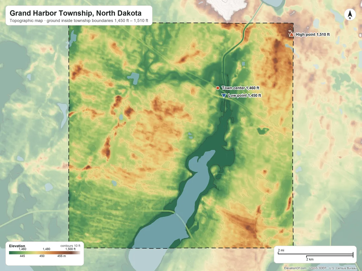 Topographic elevation map of Grand Harbor Township, North Dakota, shaded from 1,450 ft near the middle to 1,510 ft on the northeast side