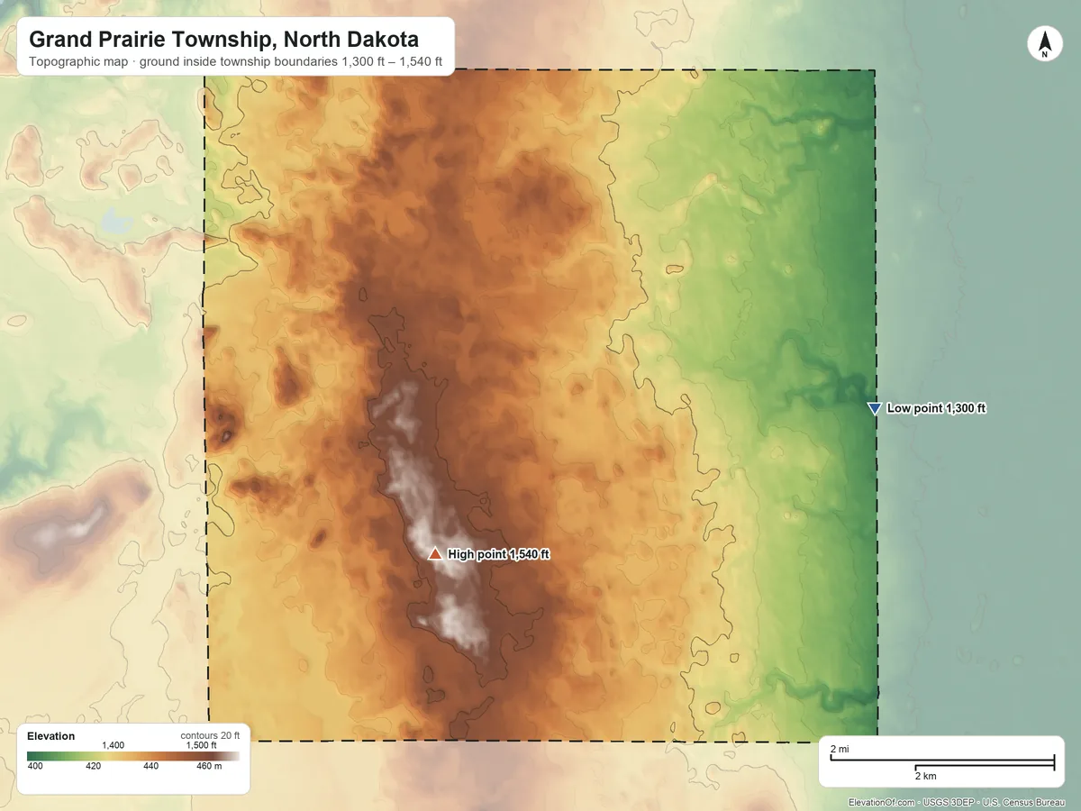 Topographic elevation map of Grand Prairie Township, North Dakota, shaded from 1,300 ft on the east side to 1,540 ft near the middle