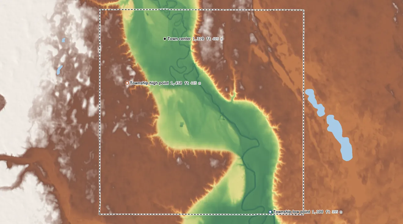Topographic elevation map of Grand Rapids Township, North Dakota, shaded from 1,300 ft on the southeast side to 1,450 ft on the southwest side