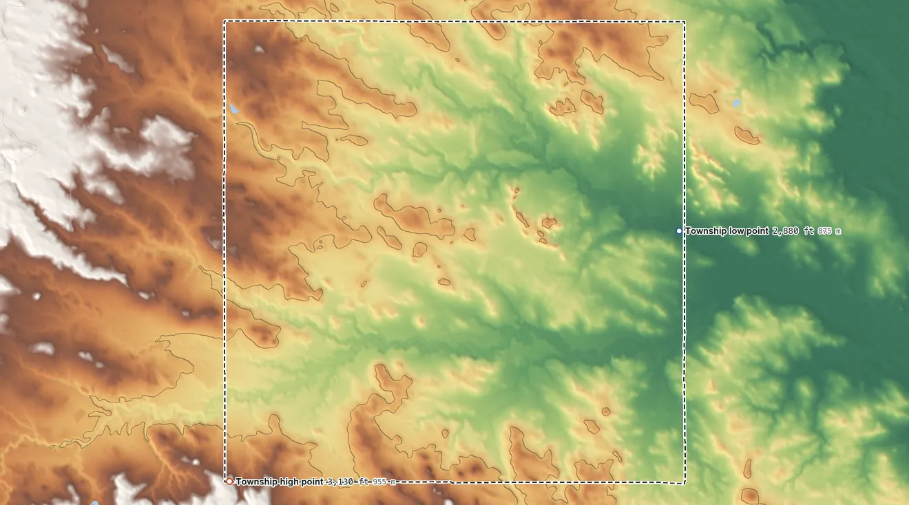 Topographic elevation map of Grand River Township, North Dakota, shaded from 2,880 ft on the east side to 3,130 ft on the south side