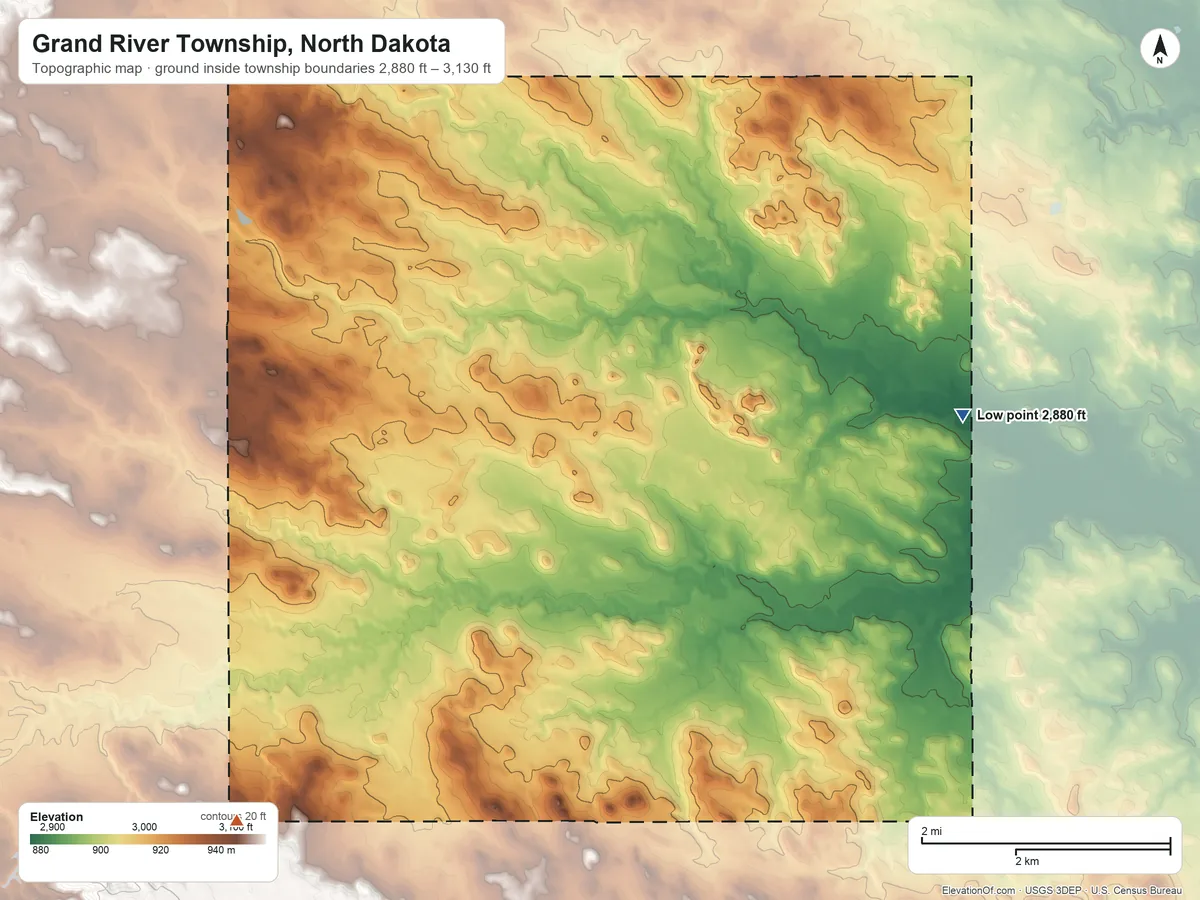 Topographic elevation map of Grand River Township, North Dakota, shaded from 2,880 ft on the east side to 3,130 ft on the south side