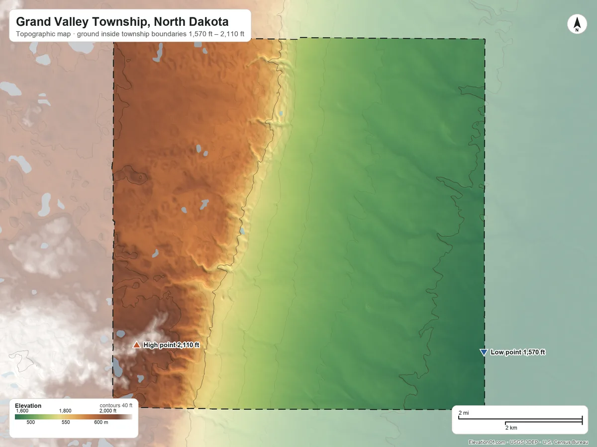 Topographic elevation map of Grand Valley Township, North Dakota, shaded from 1,570 ft on the southeast side to 2,110 ft on the southwest side