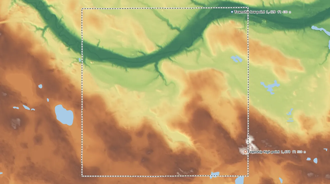 Topographic elevation map of Grandfield Township, North Dakota, shaded from 1,420 ft on the northeast side to 1,670 ft on the southeast side