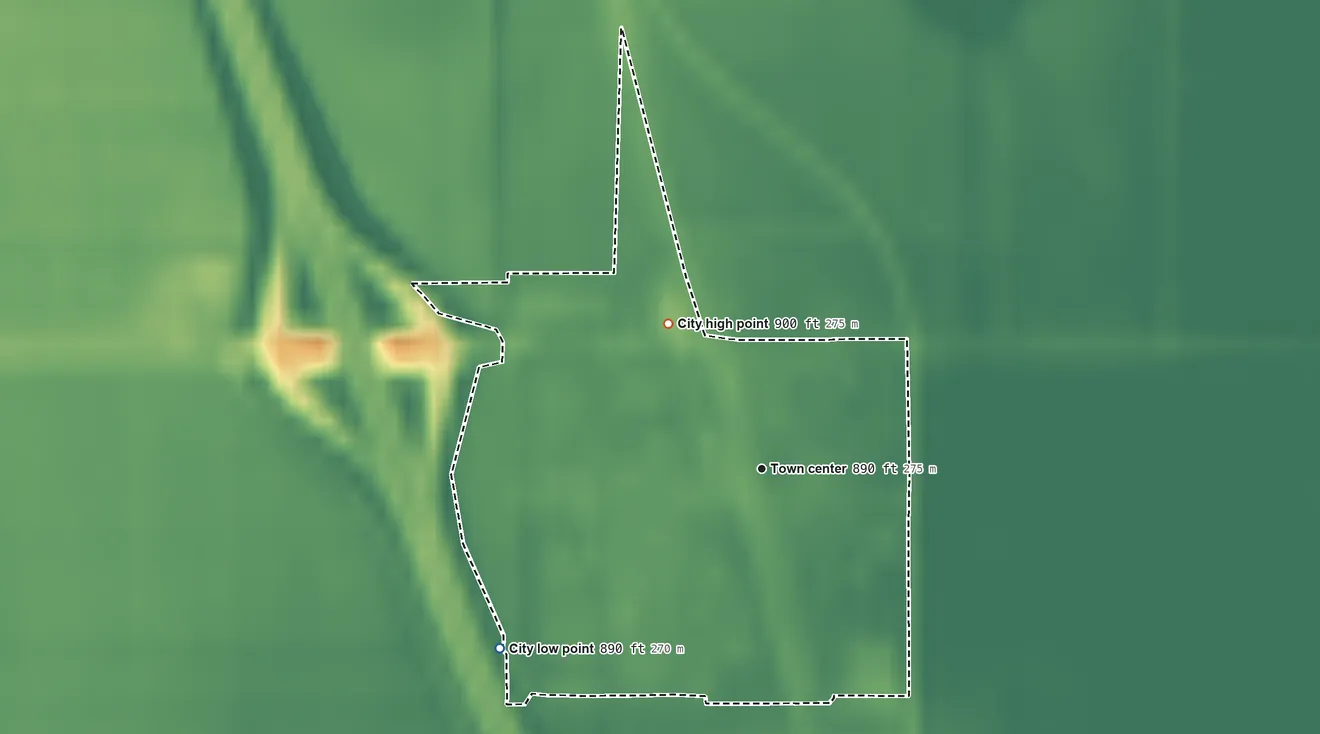 Topographic elevation map of Grandin, North Dakota, shaded from 890 ft on the southwest side to 900 ft on the northwest side