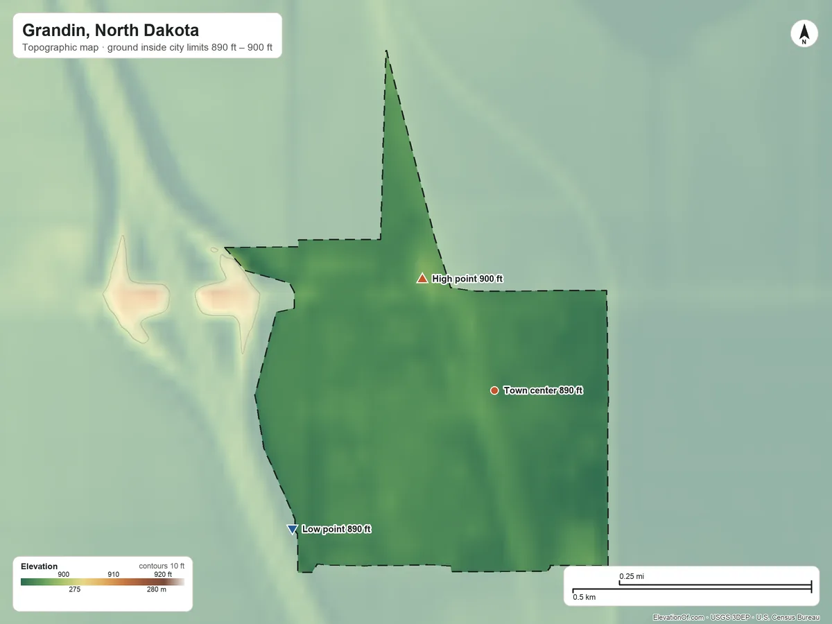 Topographic elevation map of Grandin, North Dakota, shaded from 890 ft on the southwest side to 900 ft on the northwest side
