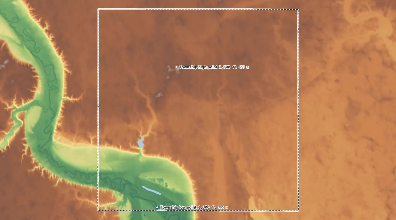 Topographic elevation map of Grandview Township, North Dakota, shaded from 1,300 ft on the south side to 1,500 ft on the north side