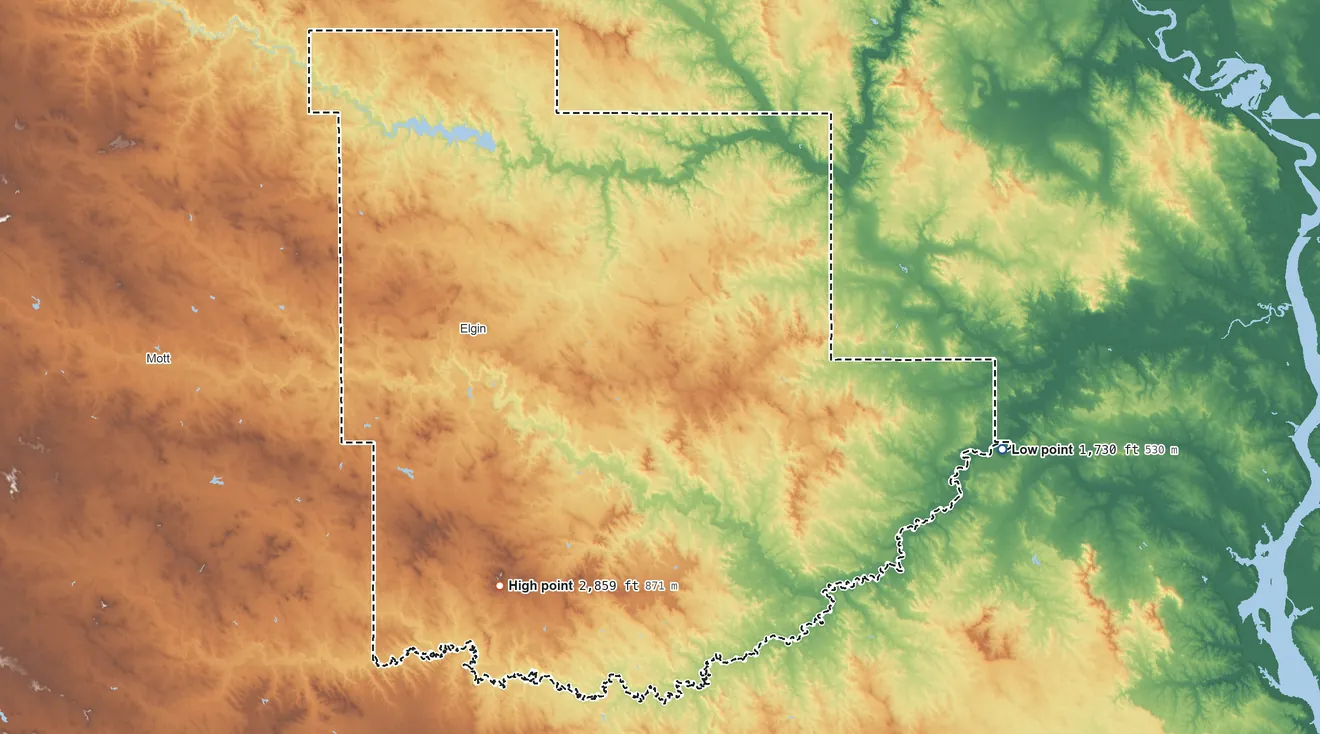 Topographic elevation map of Grant County, North Dakota, shaded from 1,730 ft on the east side to 2,859 ft on Pretty Rock Butte