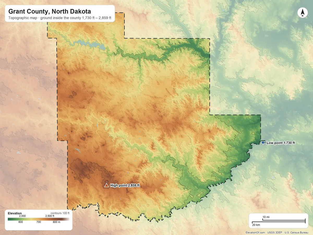 Topographic elevation map of Grant County, North Dakota, shaded from 1,730 ft on the east side to 2,859 ft on Pretty Rock Butte