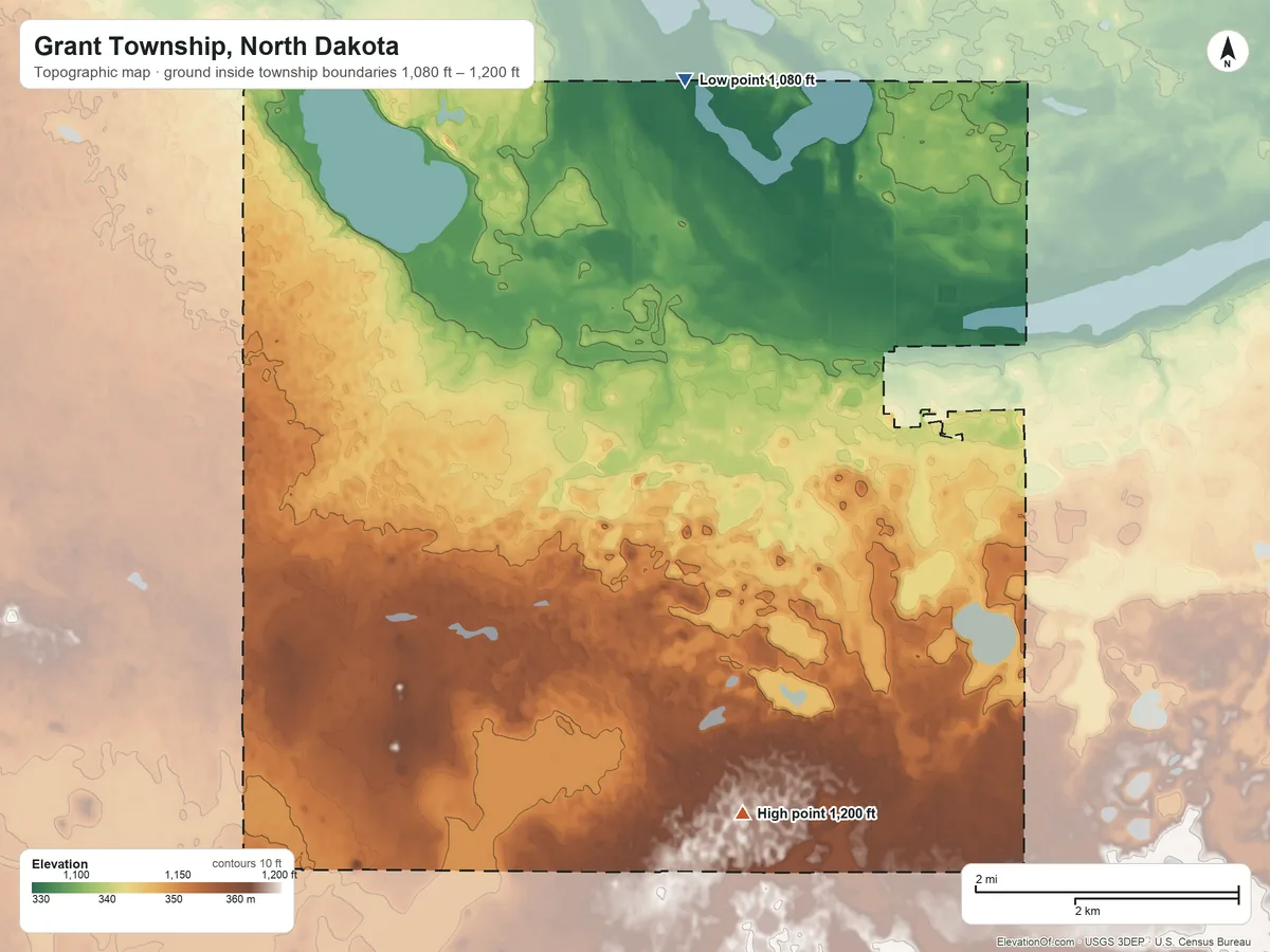 Topographic elevation map of Grant Township, North Dakota, shaded from 1,080 ft on the north side to 1,200 ft on the south side