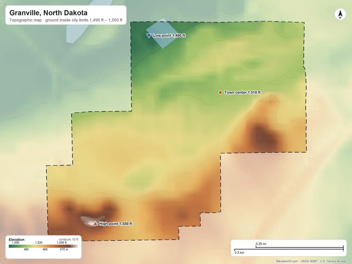 Topographic elevation map of Granville, North Dakota, shaded from 1,490 ft on the northwest side to 1,550 ft on the southwest side